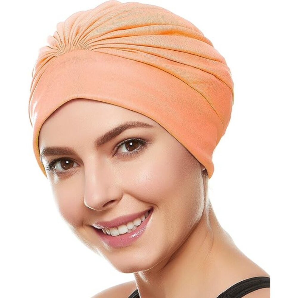 Beemo Swim Caps for Women Swimming Turban Polyester Latex Lined Pleated - Orange